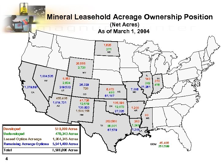 Mineral Leasehold Acreage Ownership Position (Net Acres) As of March 1, 2004 1, 625