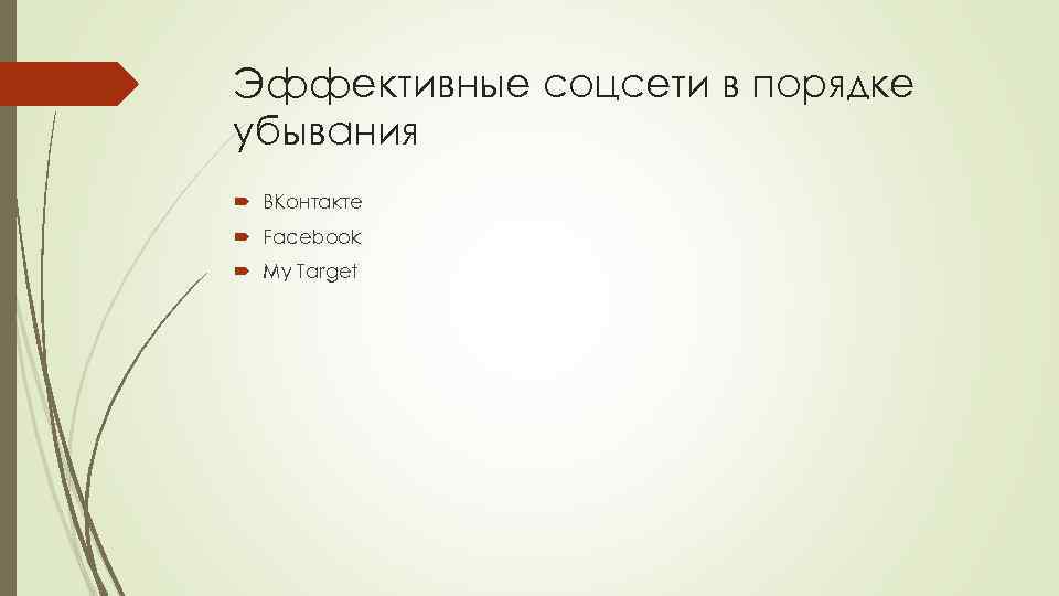 Эффективные соцсети в порядке убывания ВКонтакте Facebook My Target 