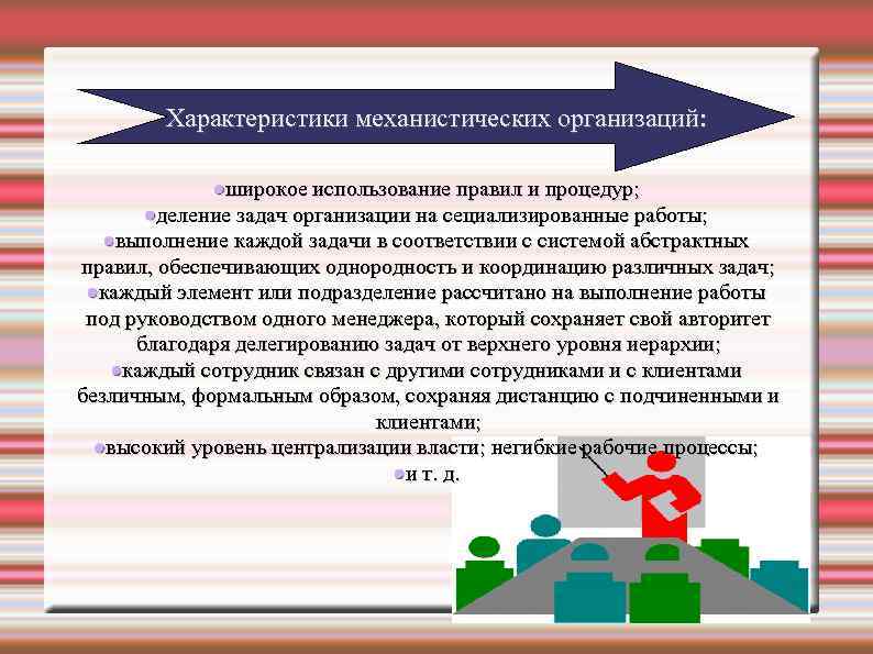 Характеристики механистических организаций: широкое использование правил и процедур; деление задач организации на сециализированные работы;