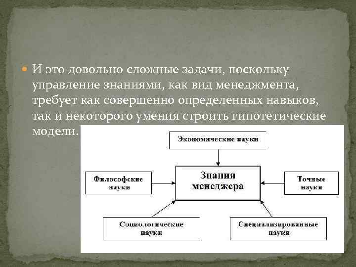  И это довольно сложные задачи, поскольку управление знаниями, как вид менеджмента, требует как