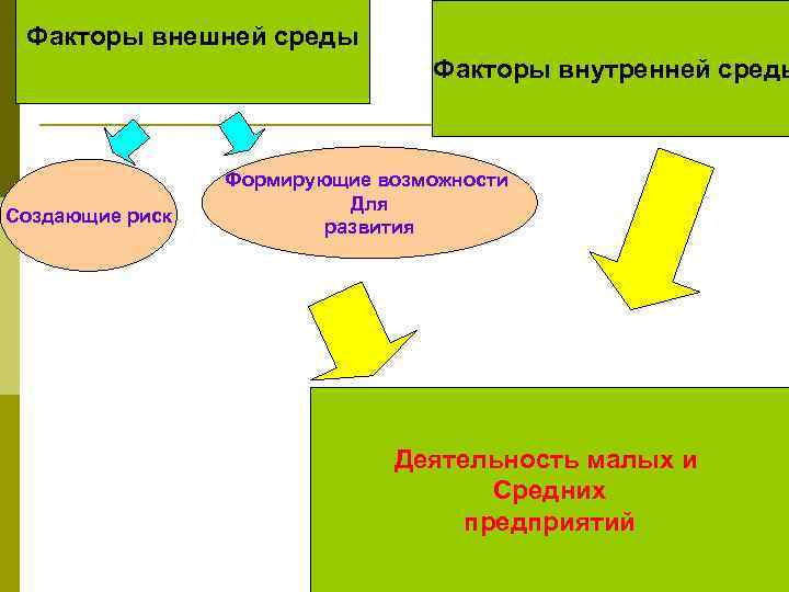 Факторы внешней среды Факторы внутренней среды Создающие риск Формирующие возможности Для развития Деятельность малых