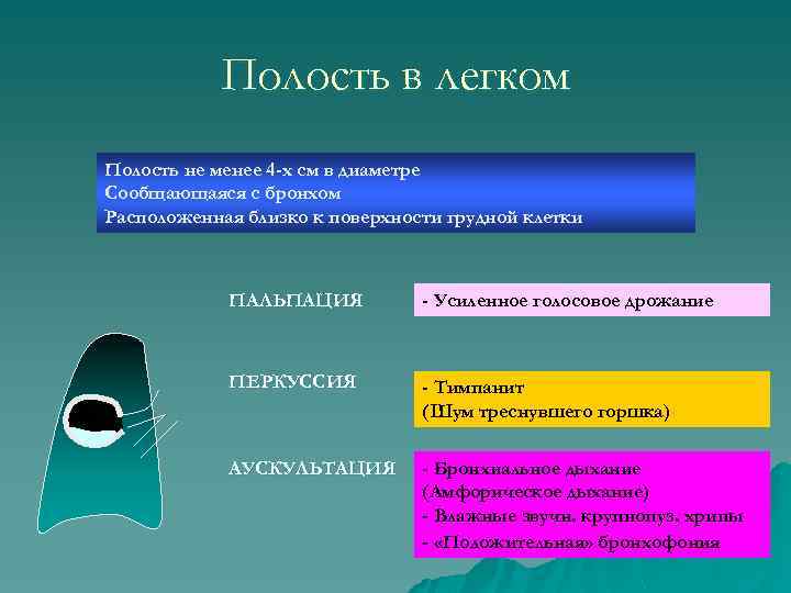 Полость в легком Полость не менее 4 -х см в диаметре Сообщающаяся с бронхом