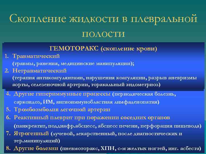 Скопление жидкости в плевральной полости ЭКССУДАТ (плеврит): ГИДРОТОРАКС (транссудат) ГЕМОТОРАКС (скопление крови) ХИЛОТОРАКС (скопление