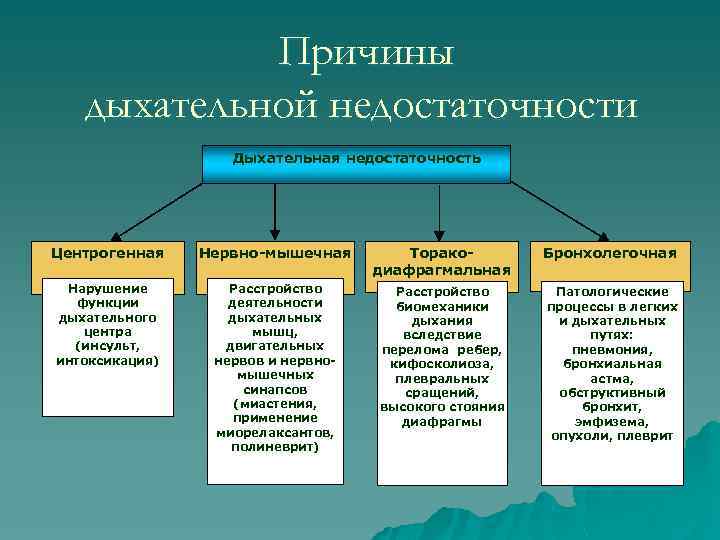 Причины дыхательной недостаточности Дыхательная недостаточность Центрогенная Нервно-мышечная Торакодиафрагмальная Бронхолегочная Нарушение функции дыхательного центра (инсульт,