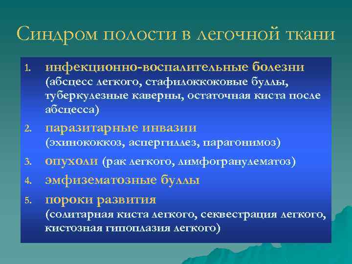 Синдром полости в легочной ткани 1. инфекционно-воспалительные болезни (абсцесс легкого, стафилоккоковые буллы, туберкулезные каверны,