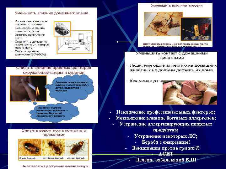 - Исключение профессиональных факторов; - Уменьшение влияние бытовых аллергенов; - Устранение аллергизирующих пищевых продуктов;