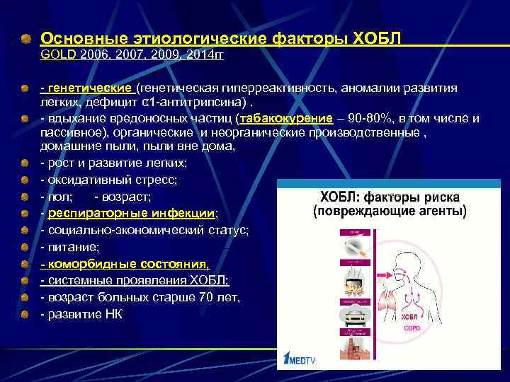 Основные этиологические факторы ХОБЛ GOLD 2006, 2007, 2009, 2014 гг - генетические (генетическая гиперреактивность,
