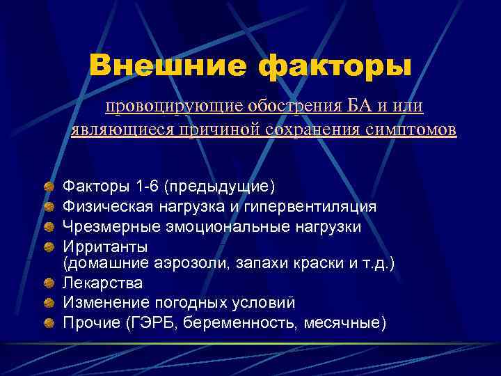 Внешние факторы провоцирующие обострения БА и или являющиеся причиной сохранения симптомов Факторы 1 -6