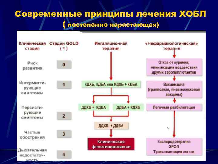 Современные принципы лечения ХОБЛ ( постепенно нарастающая) 