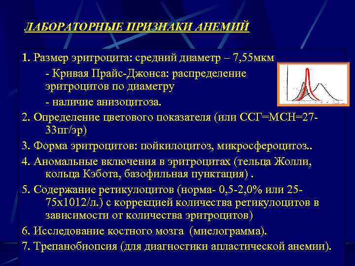 ЛАБОРАТОРНЫЕ ПРИЗНАКИ АНЕМИЙ 1. Размер эритроцита: средний диаметр – 7, 55 мкм - Кривая