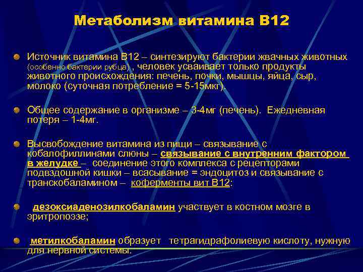 Метаболизм витамина В 12 Источник витамина В 12 – синтезируют бактерии жвачных животных (особенно