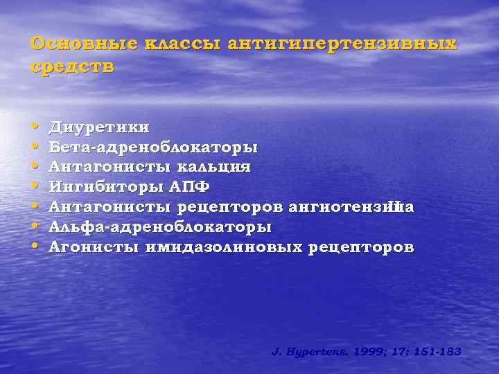 Основные классы антигипертензивных средств • • Диуретики Бета-адреноблокаторы Антагонисты кальция Ингибиторы АПФ Антагонисты рецепторов