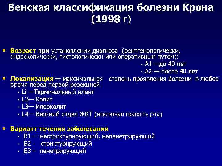 Венская классификация болезни Крона (1998 г) • Возраст при установлении диагноза (рентгенологически, эндоскопически, гистологически