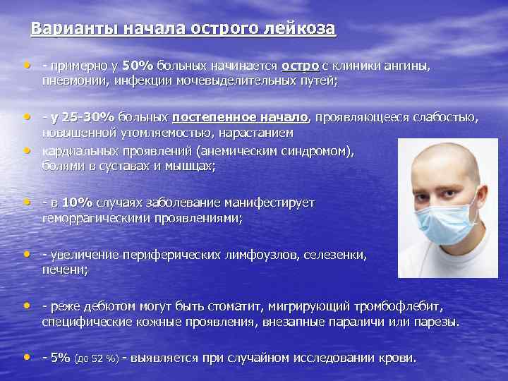 Варианты начала острого лейкоза • примерно у 50% больных начинается остро с клиники ангины,