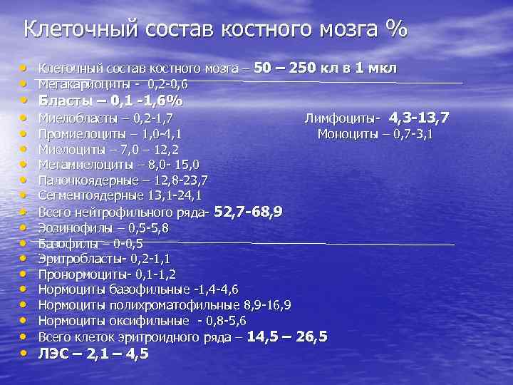 Клеточный состав костного мозга % • Клеточный состав костного мозга – 50 – 250