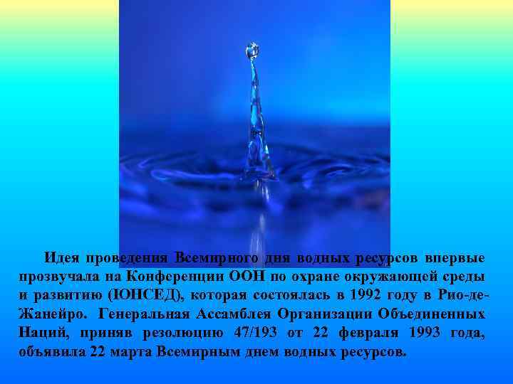 Идея проведения Всемирного дня водных ресурсов впервые прозвучала на Конференции ООН по охране окружающей