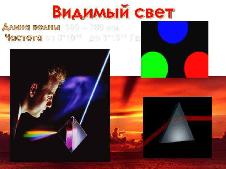 Видимый свет Длина волны 380 – 780 нм Частота от 3*1014 до 3*1015 Гц