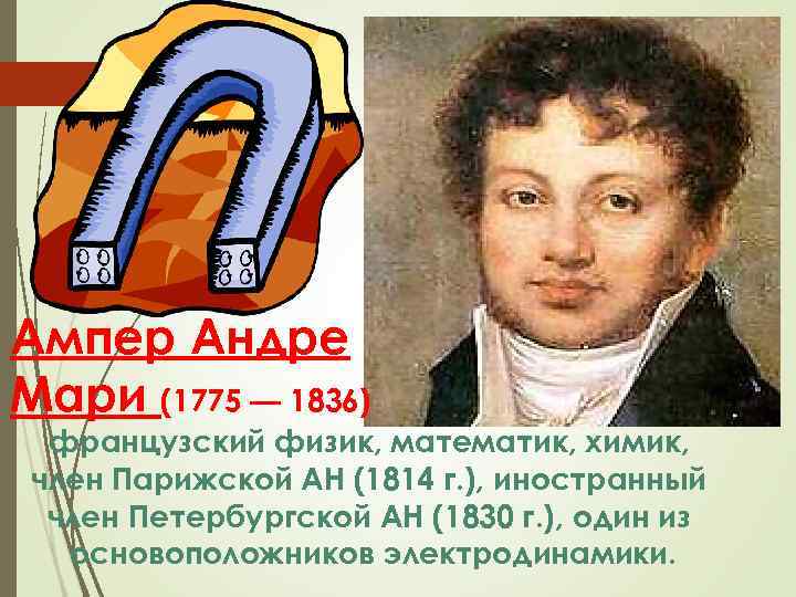 Ампер Андре Мари (1775 — 1836) французский физик, математик, химик, член Парижской АН (1814