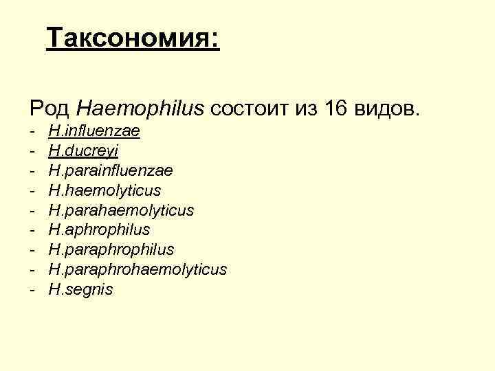 Таксономия: Род Haemophilus состоит из 16 видов. - H. influenzae H. ducreyi H. parainfluenzae