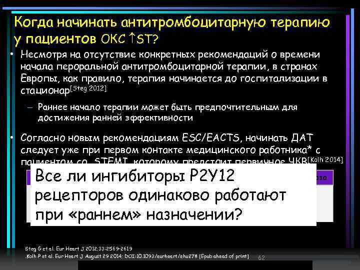 Когда начинать антитромбоцитарную терапию у пациентов ОКС ST? • Несмотря на отсутствие конкретных рекомендаций