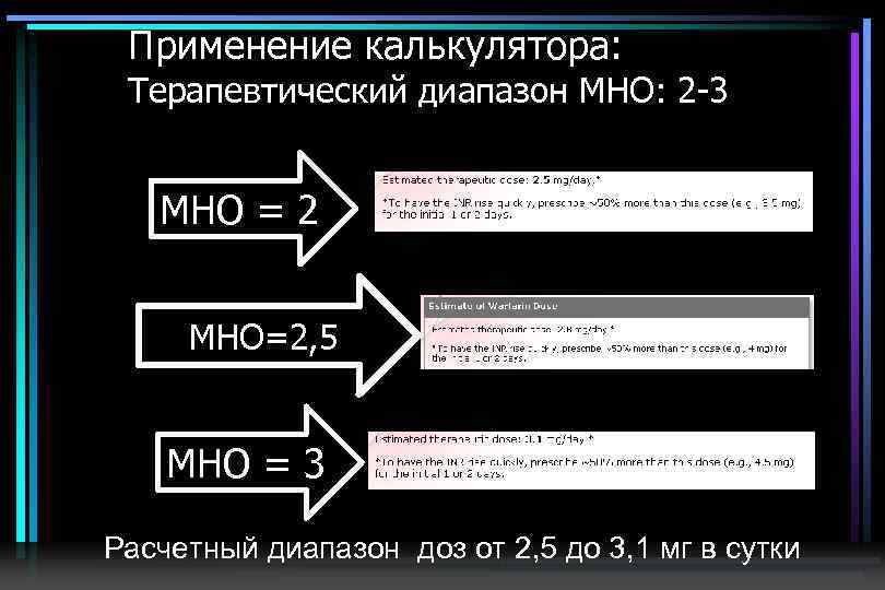 Применение калькулятора: Терапевтический диапазон МНО: 2 -3 МНО = 2 МНО=2, 5 МНО =