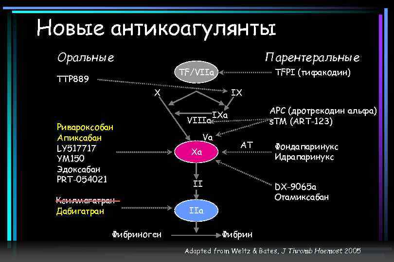 Новые антикоагулянты Оральные Парентеральные TF/VIIa TTP 889 TFPI (тифакодин) X Ривароксобан Апиксабан LY 517717