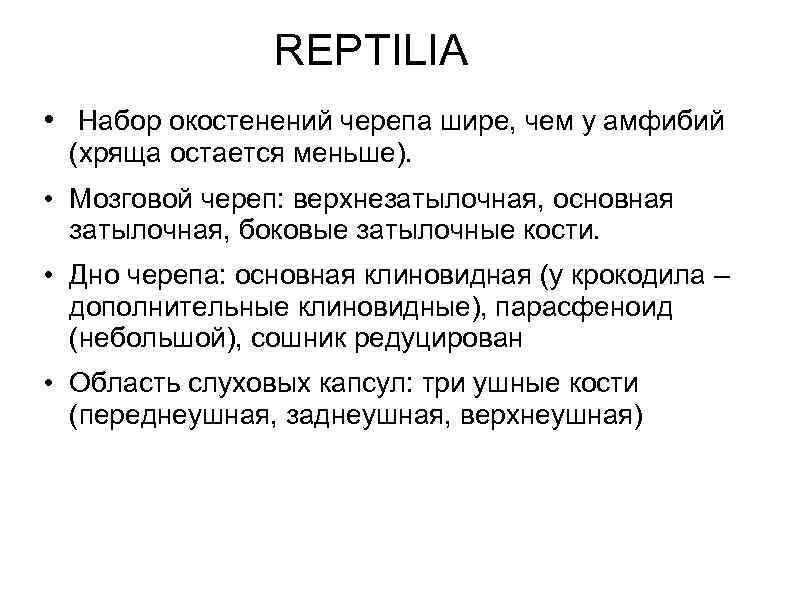 REPTILIA • Набор окостенений черепа шире, чем у амфибий (хряща остается меньше). • Мозговой