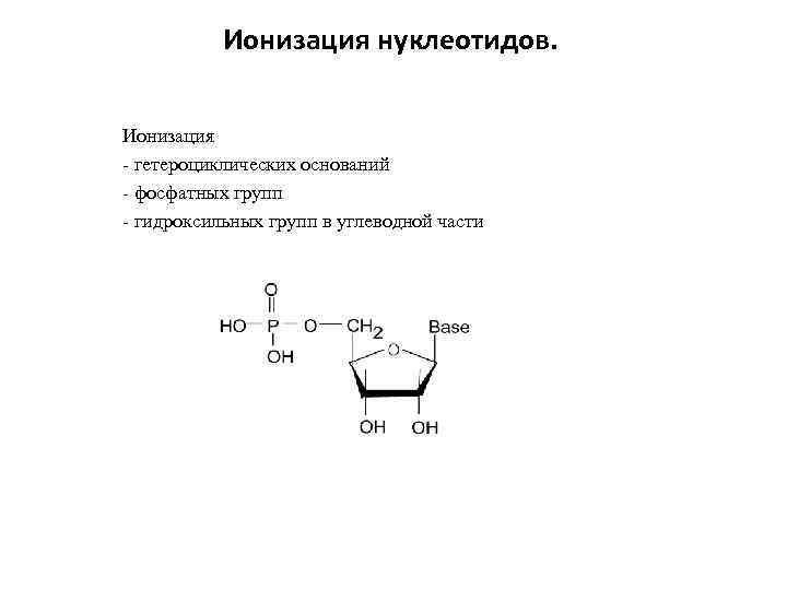 Ионизация нуклеотидов. Ионизация - гетероциклических оснований - фосфатных групп - гидроксильных групп в углеводной