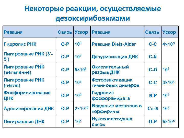 Некоторые реакции, осуществляемые дезоксирибозимами Реакция Связь Ускор Гидролиз РНК O-P 108 Реакция Diels-Alder С-С