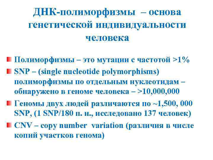 ДНК-полиморфизмы – основа генетической индивидуальности человека Полиморфизмы – это мутации с частотой >1% SNP