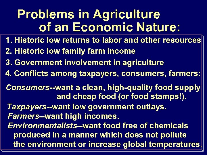 Problems in Agriculture of an Economic Nature: 1. Historic low returns to labor and