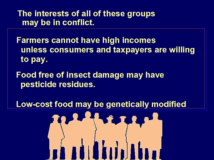 The interests of all of these groups may be in conflict. Farmers cannot have