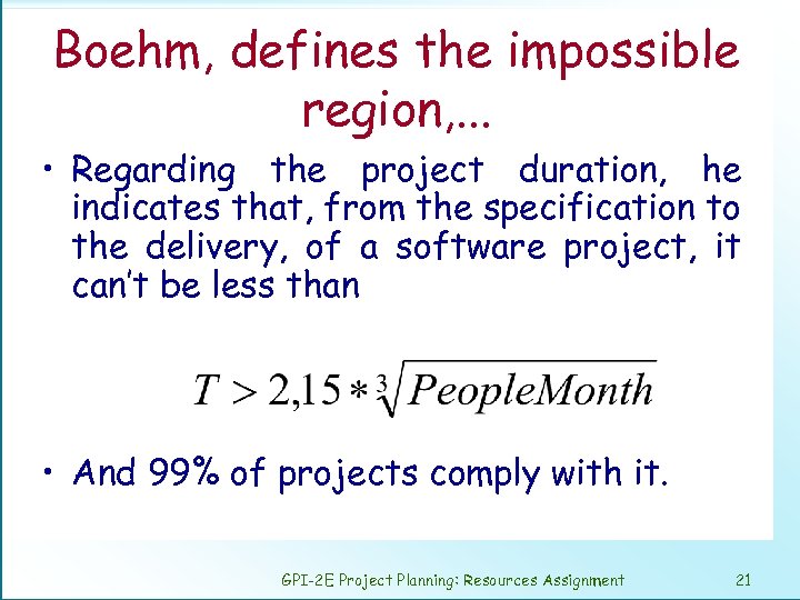 Boehm, defines the impossible region, . . . • Regarding the project duration, he