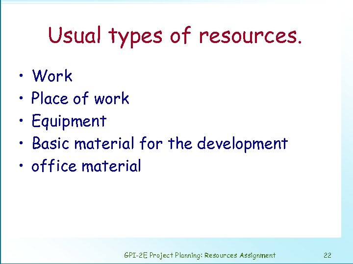 Usual types of resources. • • • Work Place of work Equipment Basic material