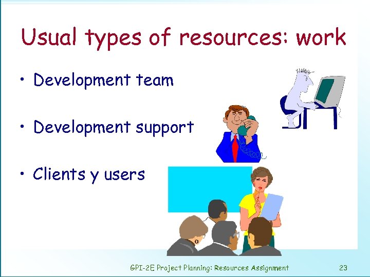 Usual types of resources: work • Development team • Development support • Clients y