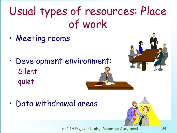 Usual types of resources: Place of work • Meeting rooms • Development environment: Silent