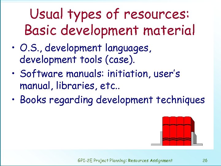 Usual types of resources: Basic development material • O. S. , development languages, development