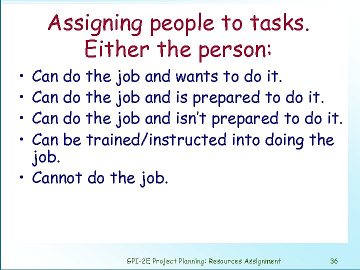 Assigning people to tasks. Either the person: • • Can do the job and