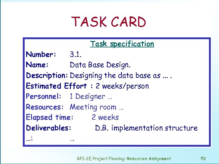 TASK CARD Task specification Number: 3. 1. Name: Data Base Design. Description: Designing the