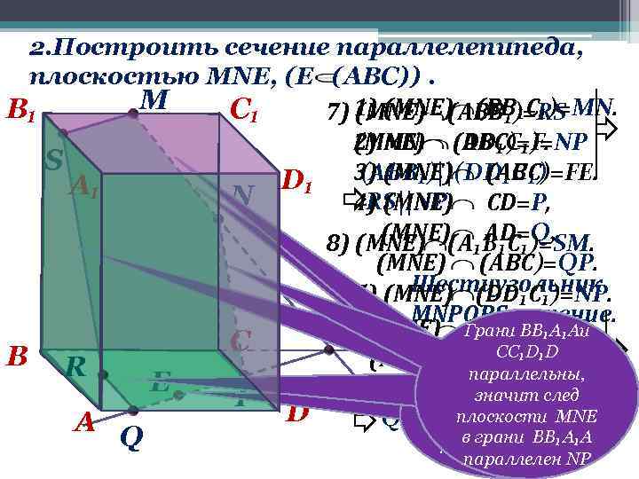 2. Построить cечение параллелепипеда, плоскостью МNE, (E (ABC)). М B₁ C₁ 7) 1) (MNЕ)