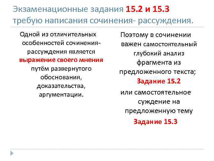 Экзаменационные задания 15. 2 и 15. 3 требую написания сочинения- рассуждения. Одной из отличительных