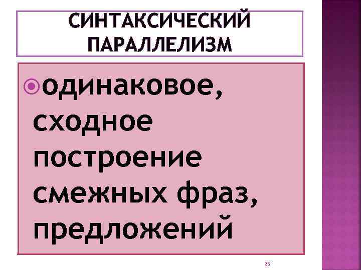 СИНТАКСИЧЕСКИЙ ПАРАЛЛЕЛИЗМ одинаковое, сходное построение смежных фраз, предложений 23 