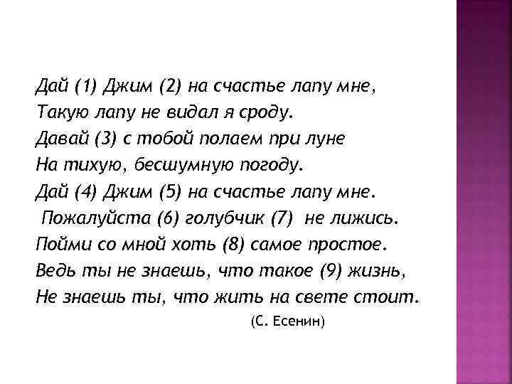 Дай (1) Джим (2) на счастье лапу мне, Такую лапу не видал я сроду.