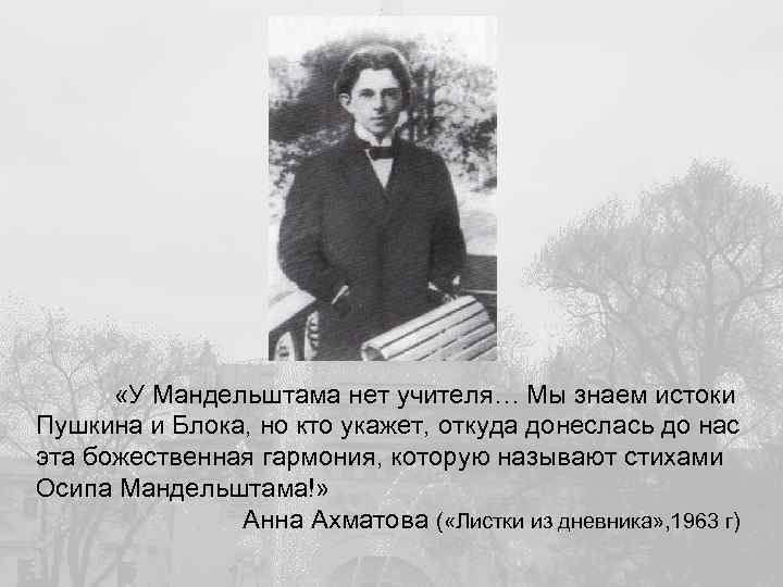  «У Мандельштама нет учителя… Мы знаем истоки Пушкина и Блока, но кто укажет,