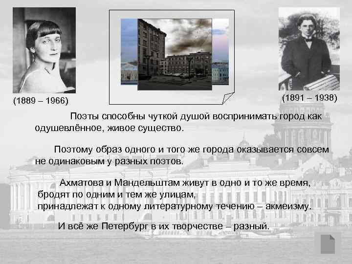 (1889 – 1966) (1891 – 1938) Поэты способны чуткой душой воспринимать город как одушевлённое,