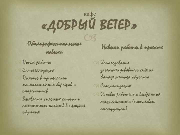 кафе «ДОБРЫЙ ВЕТЕР» Общепрофессиональные навыки Поиск работы Самореализация Помощь в преодолении психологических барьеров и