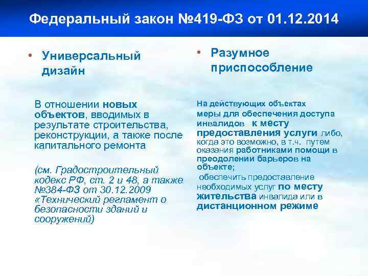 Федеральный закон № 419 -ФЗ от 01. 12. 2014 • Универсальный дизайн В отношении