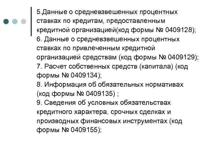 5. Данные о средневзвешенных процентных ставках по кредитам, предоставленным кредитной организацией(код формы № 0409128);