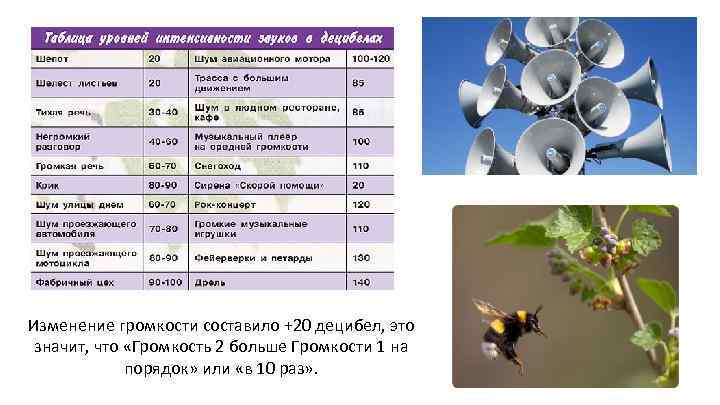 Изменение громкости составило +20 децибел, это значит, что «Громкость 2 больше Громкости 1 на