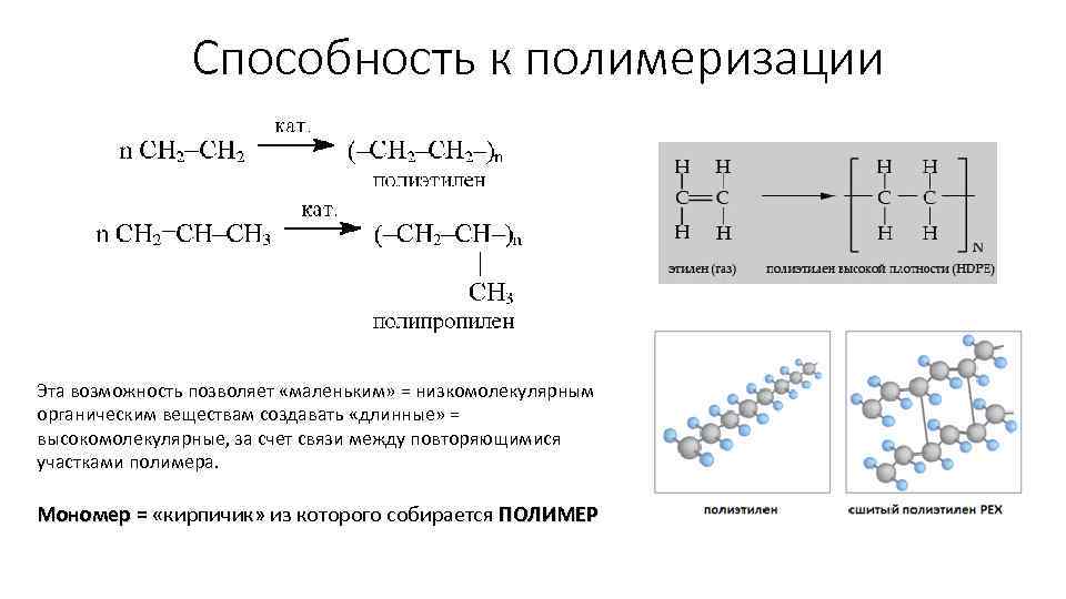 Способность к полимеризации Эта возможность позволяет «маленьким» = низкомолекулярным органическим веществам создавать «длинные» =